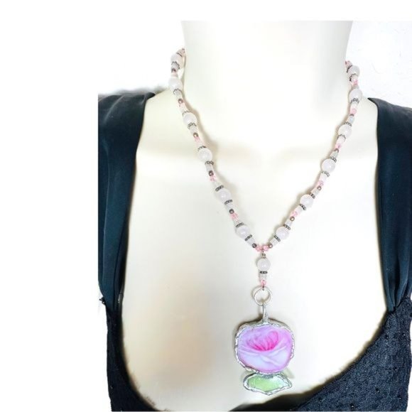 Broken China and Sea Glass Artisan Pendant and Rose Quartz Vintage Necklace - Picture 7 of 11